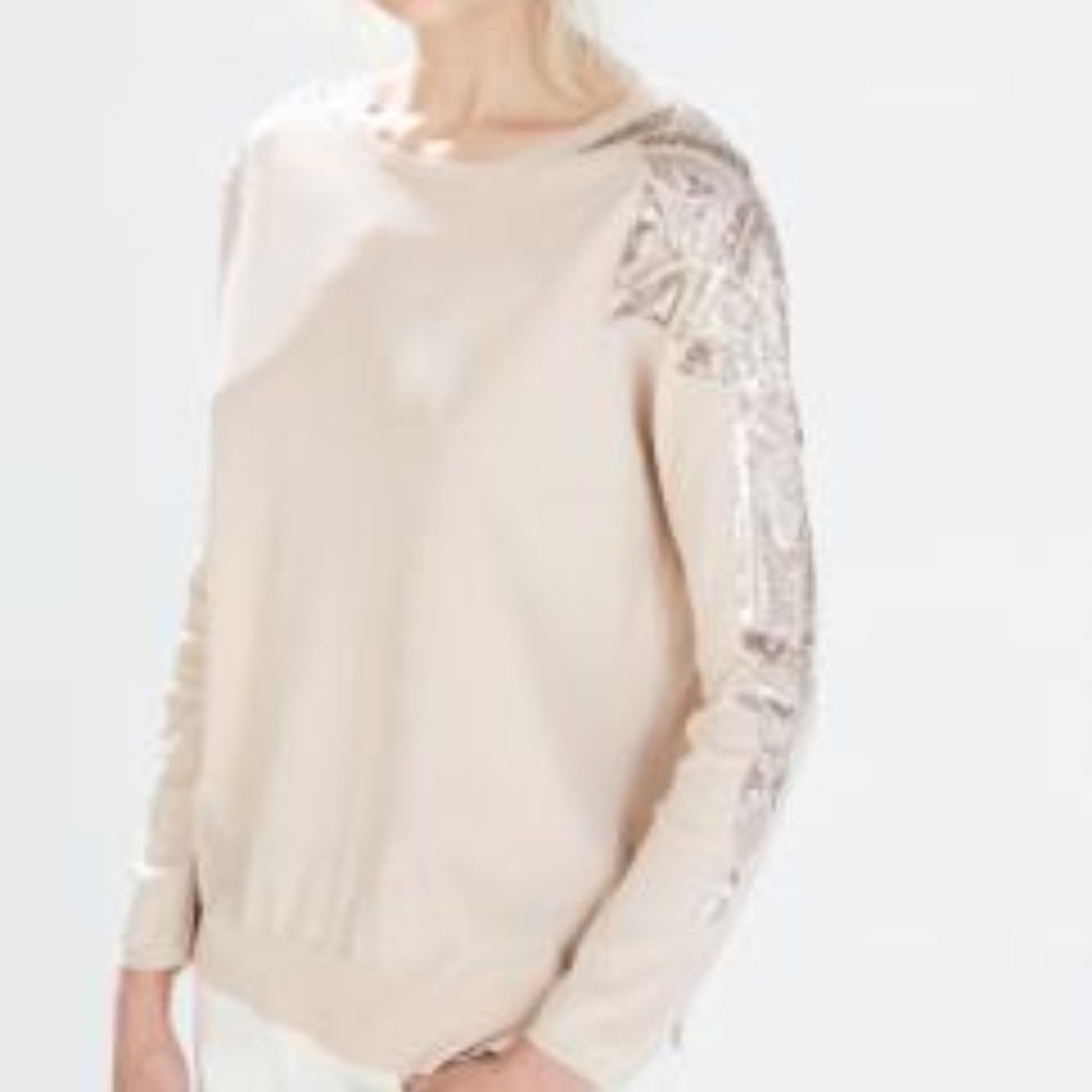 NWT Zara Knit Sequin Shoulder Long Sleeve Top
